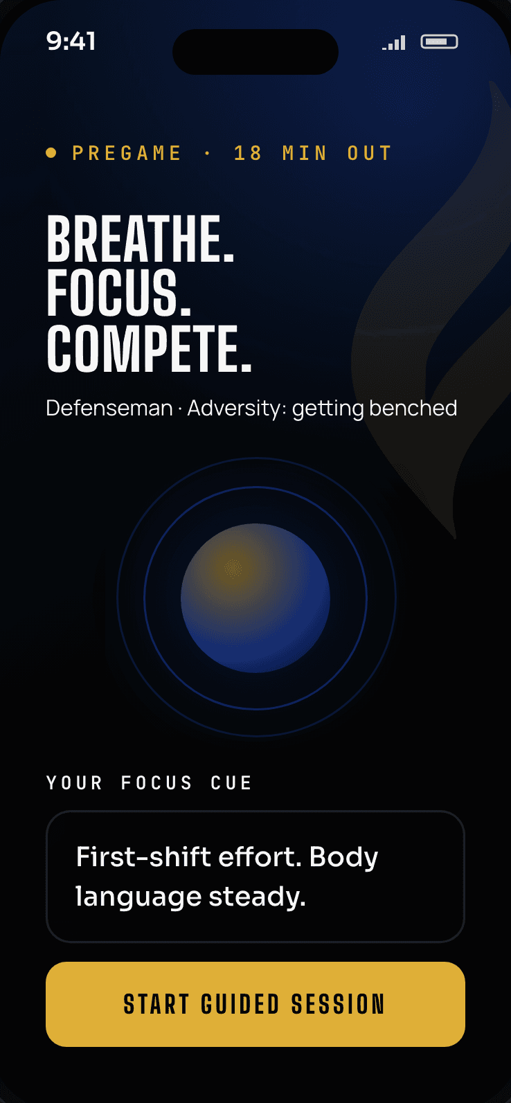 The From Victory pregame session screen, with a breathing circle, a focus cue, and a start button for the guided session