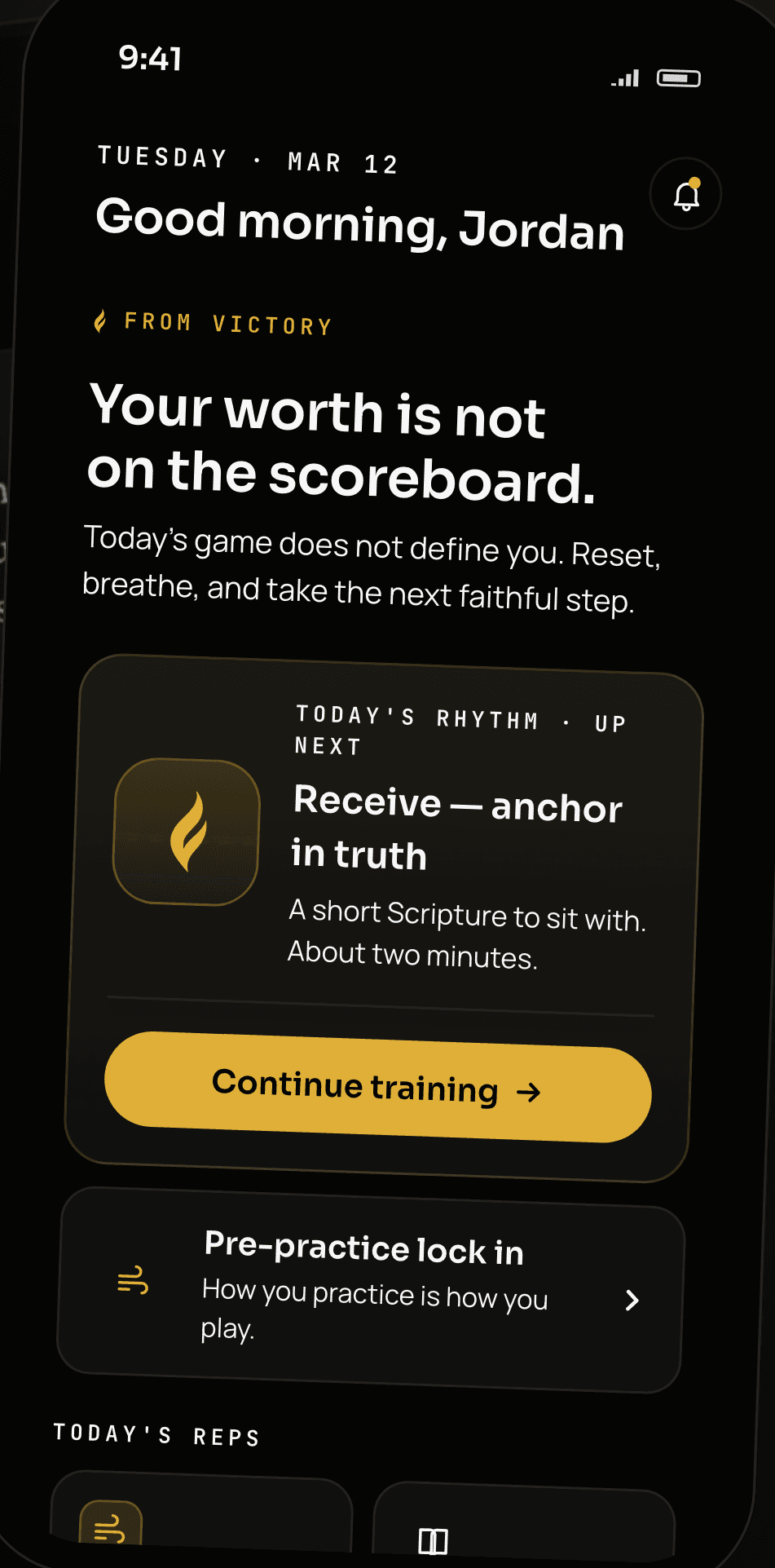The From Victory home screen, showing the day's training and the pre-practice lock-in