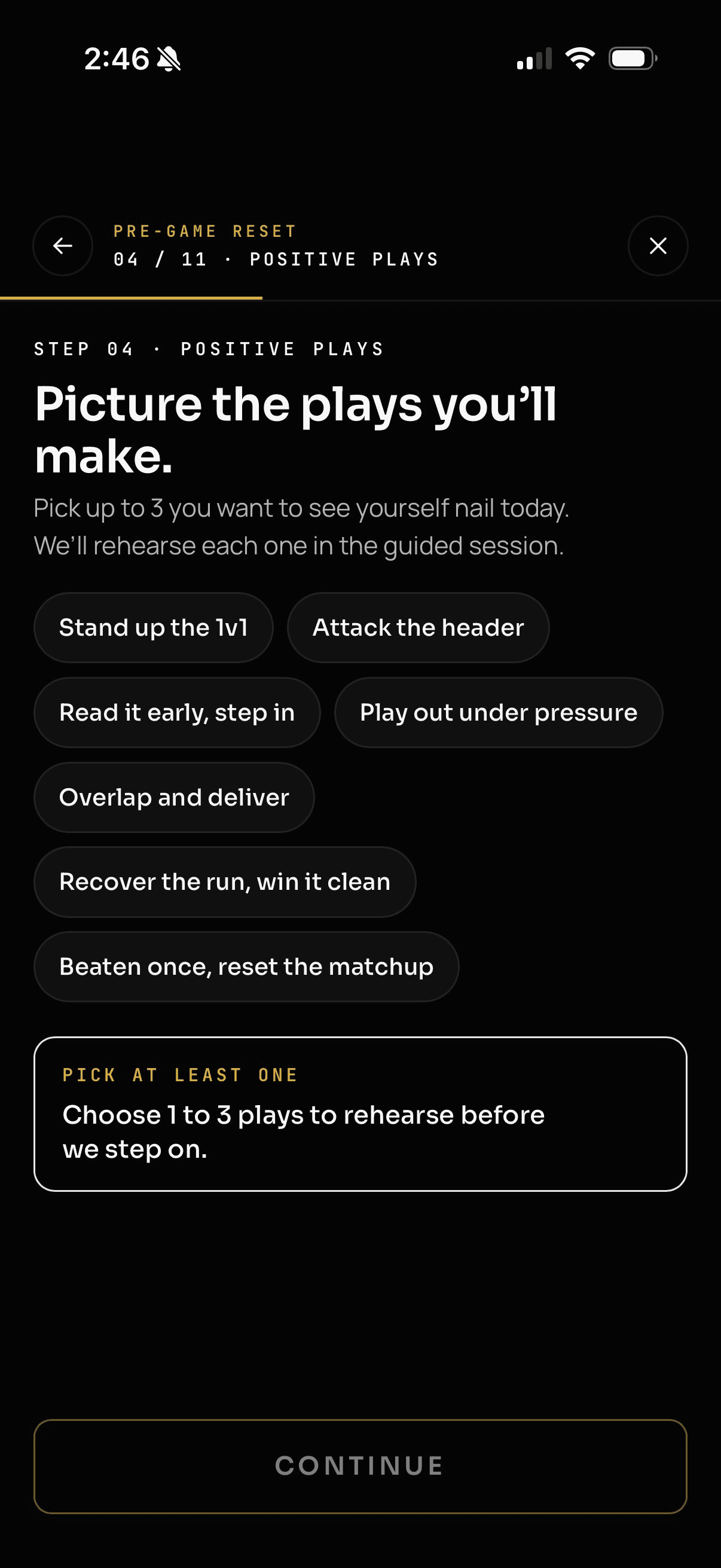 Pregame step 4 of 11, Positive Plays: Picture the plays you'll make, with soccer play chips to pick one to three.